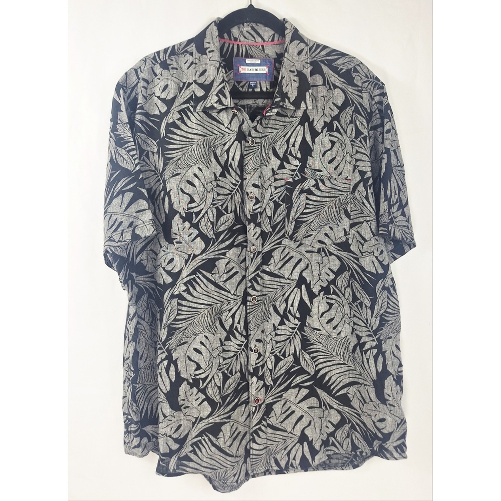 32 Bar Blues Mens XL Short Sleeve Button Down Shirt 100% Linen Grey Black